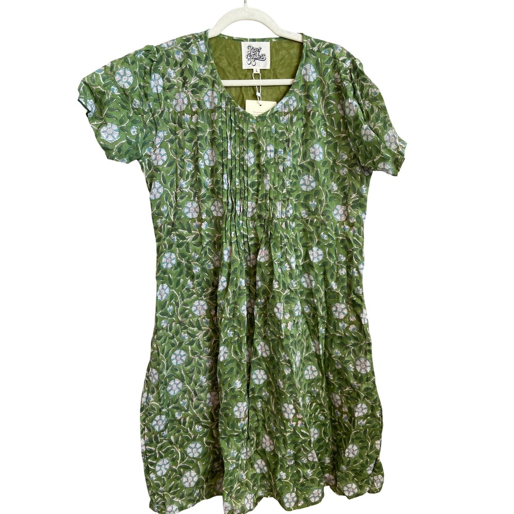River Goddess Green Floral Organic Cotton Pintuck Dress Large Handmade India NEW